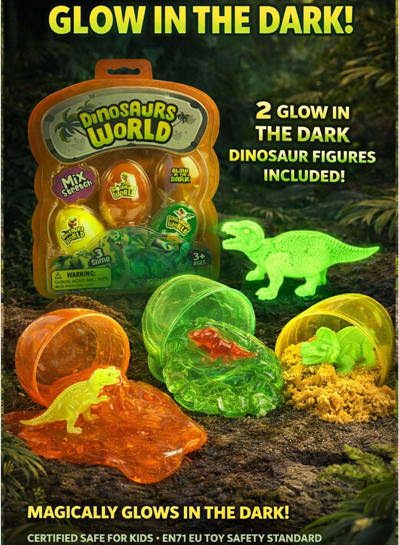 فريق عظيم مجموعة Greateam Dinosaurs World الحسية المكونة من 3 بيضات سلايم برتقالي قابل للتمدد عجينة كريستالية خضراء ورمل متحرك أصفر مع 2 مجسم ديناصور يضيئان في الظلام طقم سلايم مطاطي للأطفال 3+ سنوات لعبة حسية مستوحاة من عالم الديناصورات لعبة تعليمية آمنة معتمدة EN71 للأطفال أفضل هدية لرمضان - Image 4